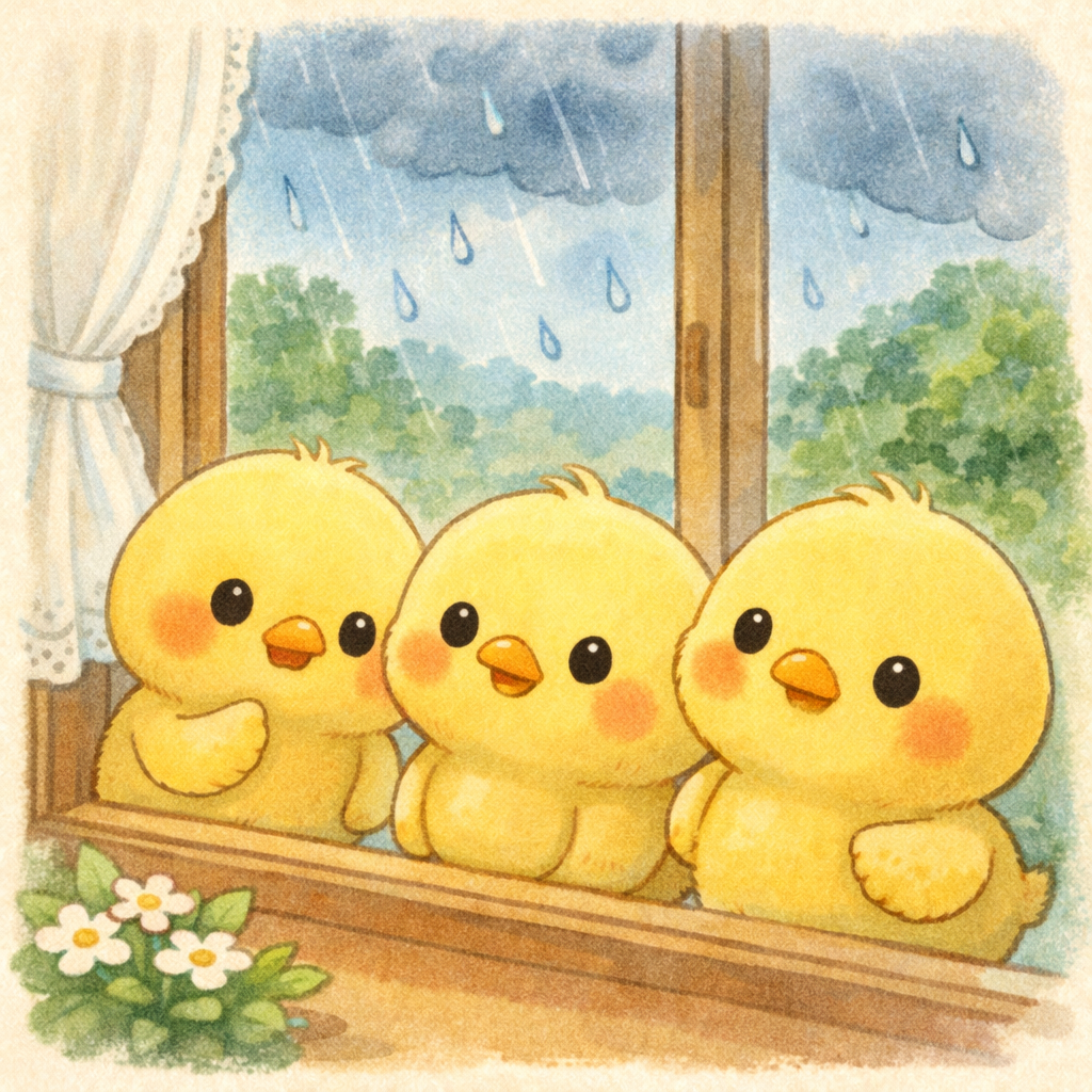 イラスト説明ピヨ！三兄弟が窓からおそとをのぞいてるピヨ。 くもがどんよりして、ぽつぽつ雨がふってるピヨ〜☔ 「ママぬれちゃうピヨ？」って、みんなちょっと心配そうなお顔ピヨ。