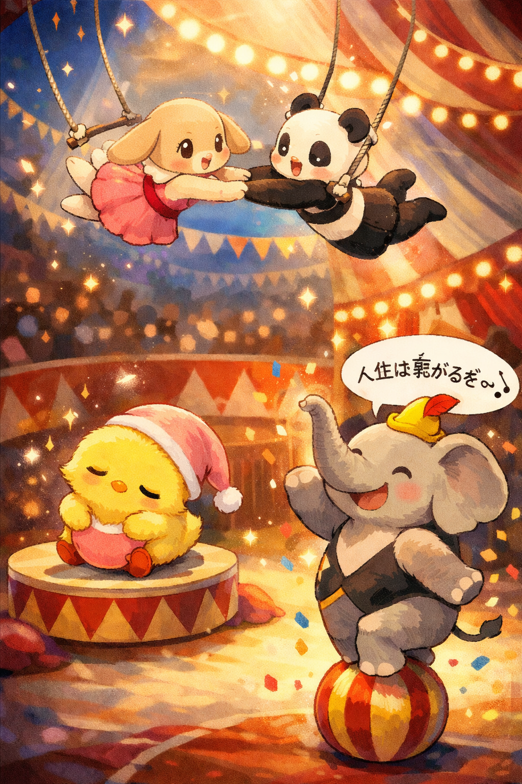イラスト説明ピヨ！ベルちゃんとリンちゃんが ぶらーんって空を飛んでるピヨ〜✨ ピヨちゃんは、 ちっちゃな台の上で すやすやバランス芸ピヨ💤 すーさんは玉に乗って ゆっさゆっさごきげんだぞう〜