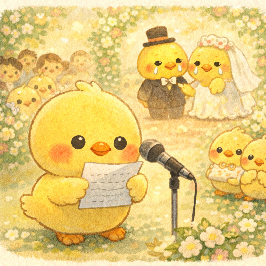 イラストの説明ピヨ!ヒヨコくんがドキドキしながら手紙を読んでいるピヨ📜✨ 後ろでパパとママが涙でにっこりピヨ💍 みんなに見守られた、あたたかい結婚式ピヨ🌸