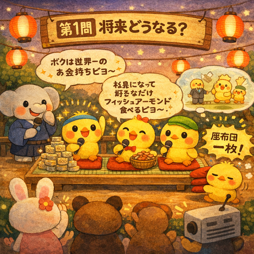 イラスト説明ピヨ!ちょうちんゆれる広場で、 すーさん司会のぴよぴよ笑点ピヨ~✨ ヒヨコ三兄弟が座布団にちょこんピヨ。 ピヨちゃんが座布団運びがんばってるピヨ。