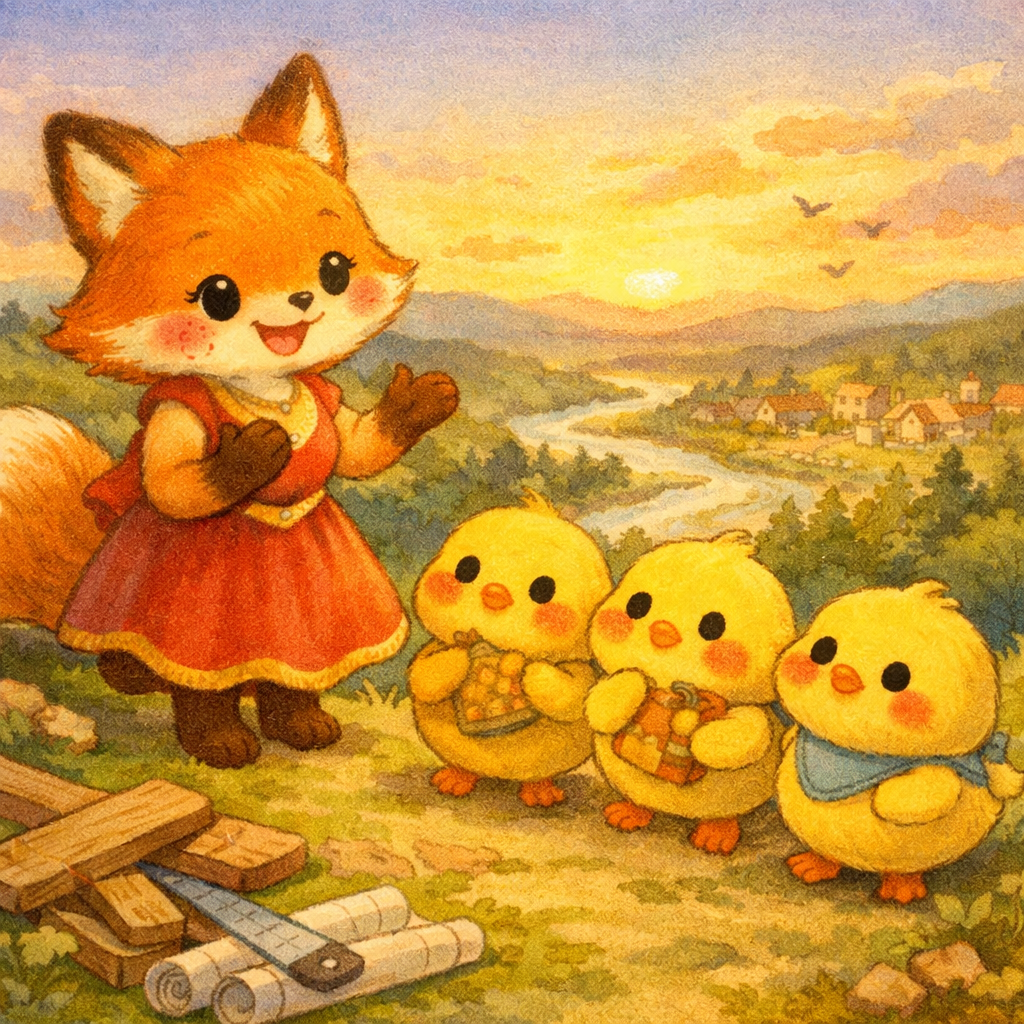 イラストの説明ピヨ！ニーナさんが小さな丘に立って、夕焼けの空を見ながら夢を語ってるピヨ。 ヒヨコくん、ぴもんくん、ひよたくんは目をまん丸にして、そばでお話を聞いてるピヨ。 まだホールはないけど、歌と夢が丘いっぱいに広がってる、あったかい一枚ピヨ。