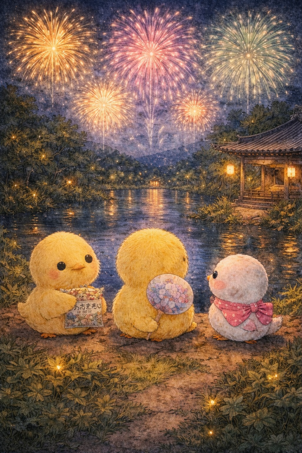 イラスト説明ピヨ!よるのいけで、みんなではなびを見てるピヨ✨ キラキラひかって、ほっこりたのしい夜ピヨ🎆