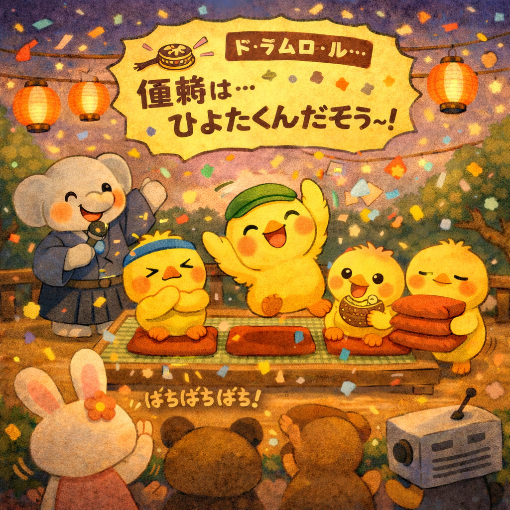 イラスト説明ピヨ!ひよたくん大喜びピヨ! ヒヨコくんくやしそうピヨ~💦 ぴもんくんはおやつ気分ピヨ🐟 すーさんも拍手、 ピヨちゃんはねむねむ運搬中ピヨ~😊