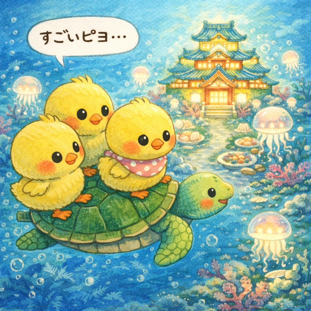 イラストの説明ピヨ。カメさんのせなかにのって、うみのなかをすすんでいるピヨ。 くらげのひかりがゆらゆらして、りゅうぐうじょうがひかっているピヨ。 ヒヨコ三兄弟は、めをまんまるにして「すごいピヨ…」って見つめているピヨ。 ゆめみたいな、ふしぎなぼうけんのえピヨ。