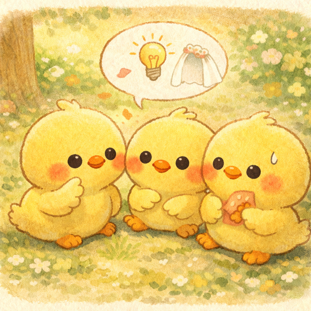 イラストの説明ピヨ!ヒヨコ三兄弟が集まって相談しているピヨ✨ 「ひらめいたピヨ!」な電球とドレスのアイデアが浮かんでいるピヨ💡👗 みんな真剣でかわいいピヨ🌸
