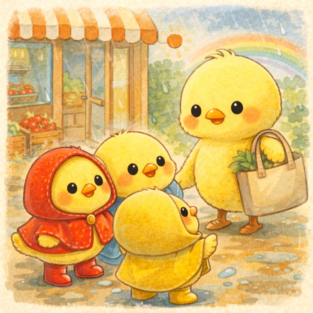 イラスト説明ピヨ！三兄弟が窓からおそとをのぞいてるピヨ。 くもがどんよりして、ぽつぽつ雨がふってるピヨ〜☔ 「ママぬれちゃうピヨ？」って、みんなちょっと心配そうなお顔ピヨ。