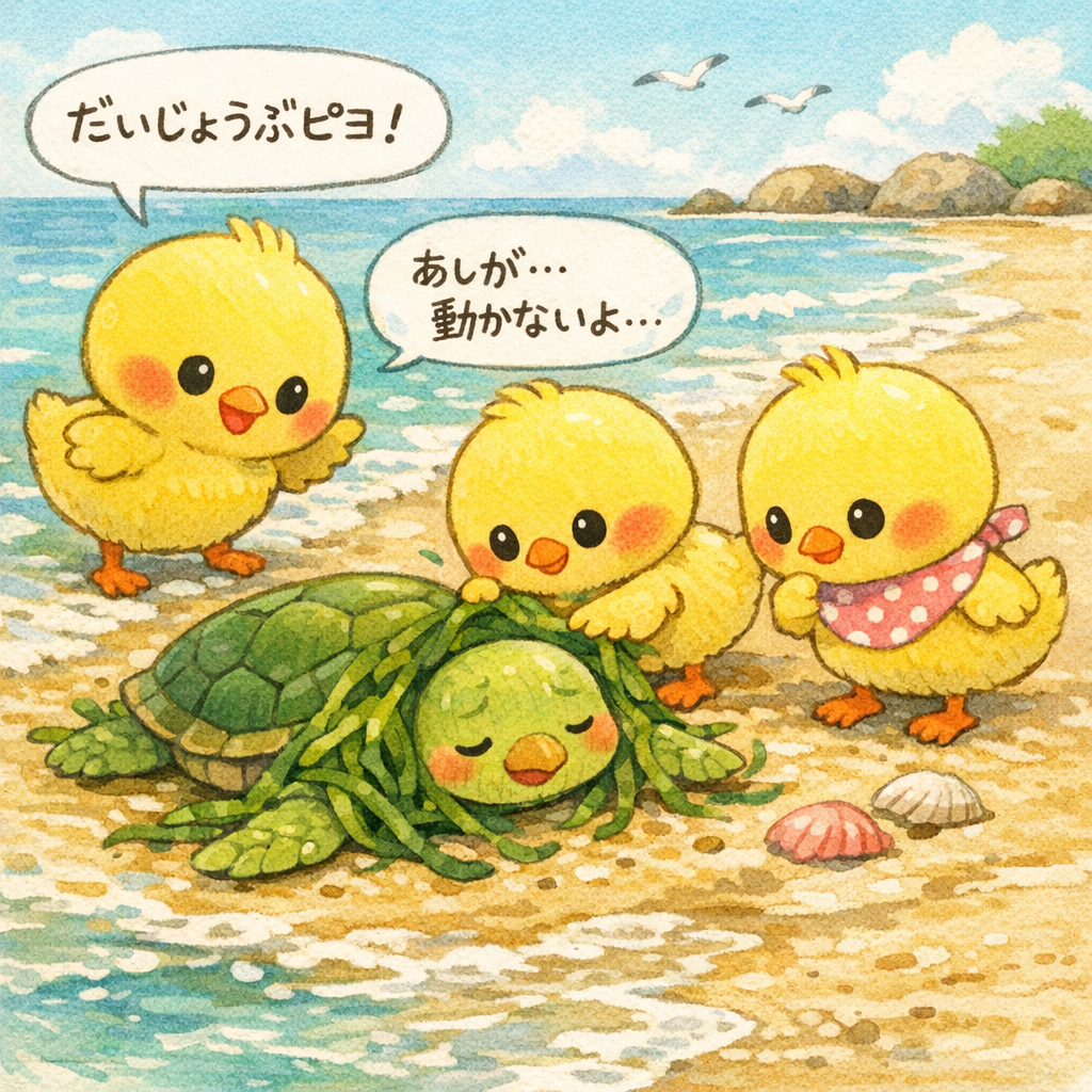 イラストの説明ピヨ！なみうちぎわで、カメさんがくるしそうにしているピヨ。 ヒヨコくんは「だいじょうぶピヨ！」って、まっさきにかけよったピヨ。 ぴもんくんは海そうをそーっとほどいて、 ひよたくんはスタイをゆらしながら、しんぱいそうに見まもっているピヨ。 