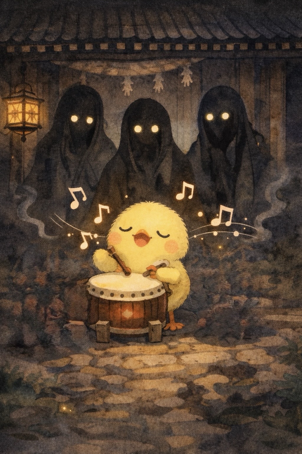 イラスト説明ピヨ!よるのじんじゃで、ヒヨコくんがたいこをポコポコたたいてごきげんにうたってるピヨ〜♪ きらきらおんぷと、ふしぎなかげたちがしずかにきいてるピヨ✨