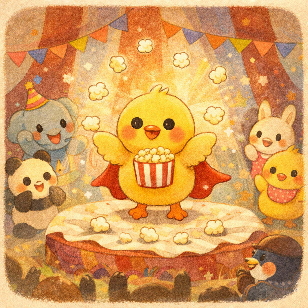 イラスト説明ピヨ！ぴもんくんがステージのまんなかで ポップコーンぽーん！ピヨ🍿✨ おなかふっくら、ほっぺほんのり赤いピヨ。 まんまるおめめでにこにこジャグリングピヨ〜！ ポップコーンがふわふわ空をとんで、 ちょっと落ちちゃったのもごあいきょうピヨ。