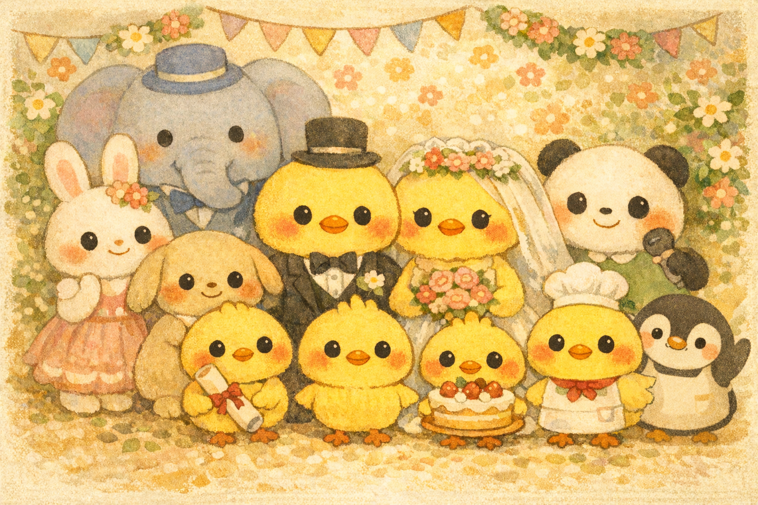 イラストの説明ピヨ!みんなで仲良く記念撮影ピヨ〜📸✨ ヒヨコパパとヒヨコママが中央でにっこりピヨ💍 ヒヨコ三兄弟はプレゼントを持って誇らしげピヨ🎀🎂 エルちゃん、ベルちゃん、リンちゃんも笑顔ピヨ🐰🐰🐼 すーさんとピヨちゃんも大きく写ってしあわせいっぱいピヨ🐘🐥🌸✨