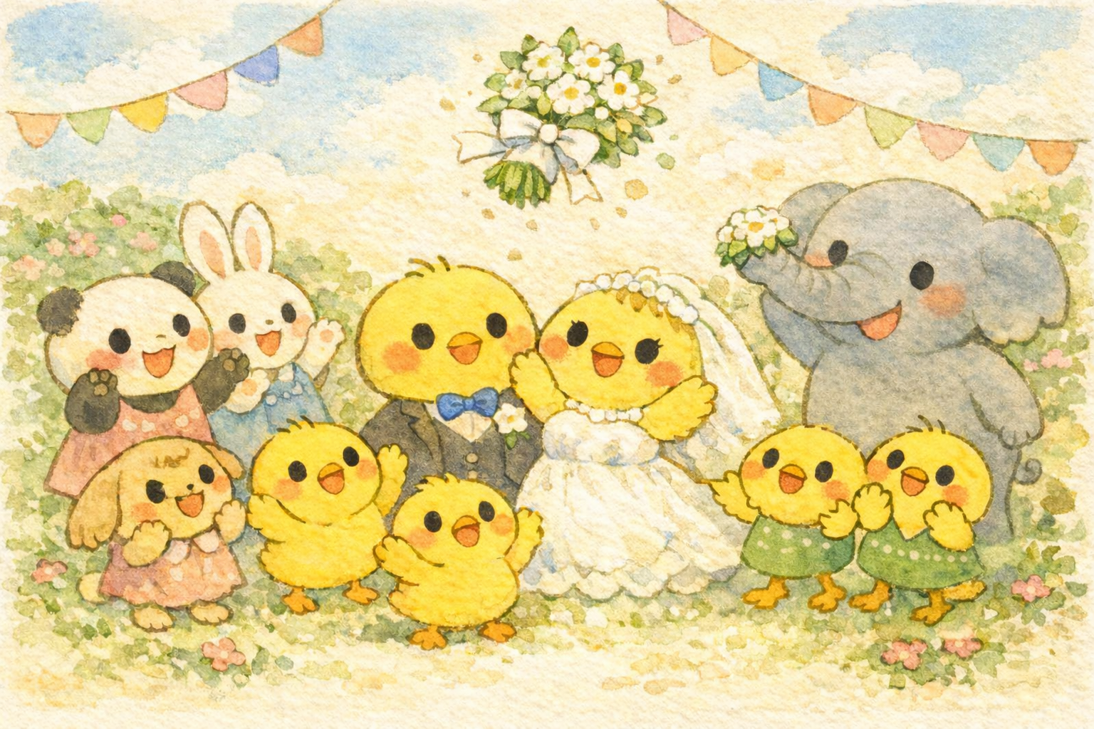 イラスト説明ピヨ!ブーケトスの場面ピヨ! ヒヨコパパ、ヒヨコママを中心に、ヒヨコ三兄弟と仲間たちがにこにこピヨ✨ ブーケがポーンととんで、フラワーシャワーがひらひらピヨ〜🌸🐣