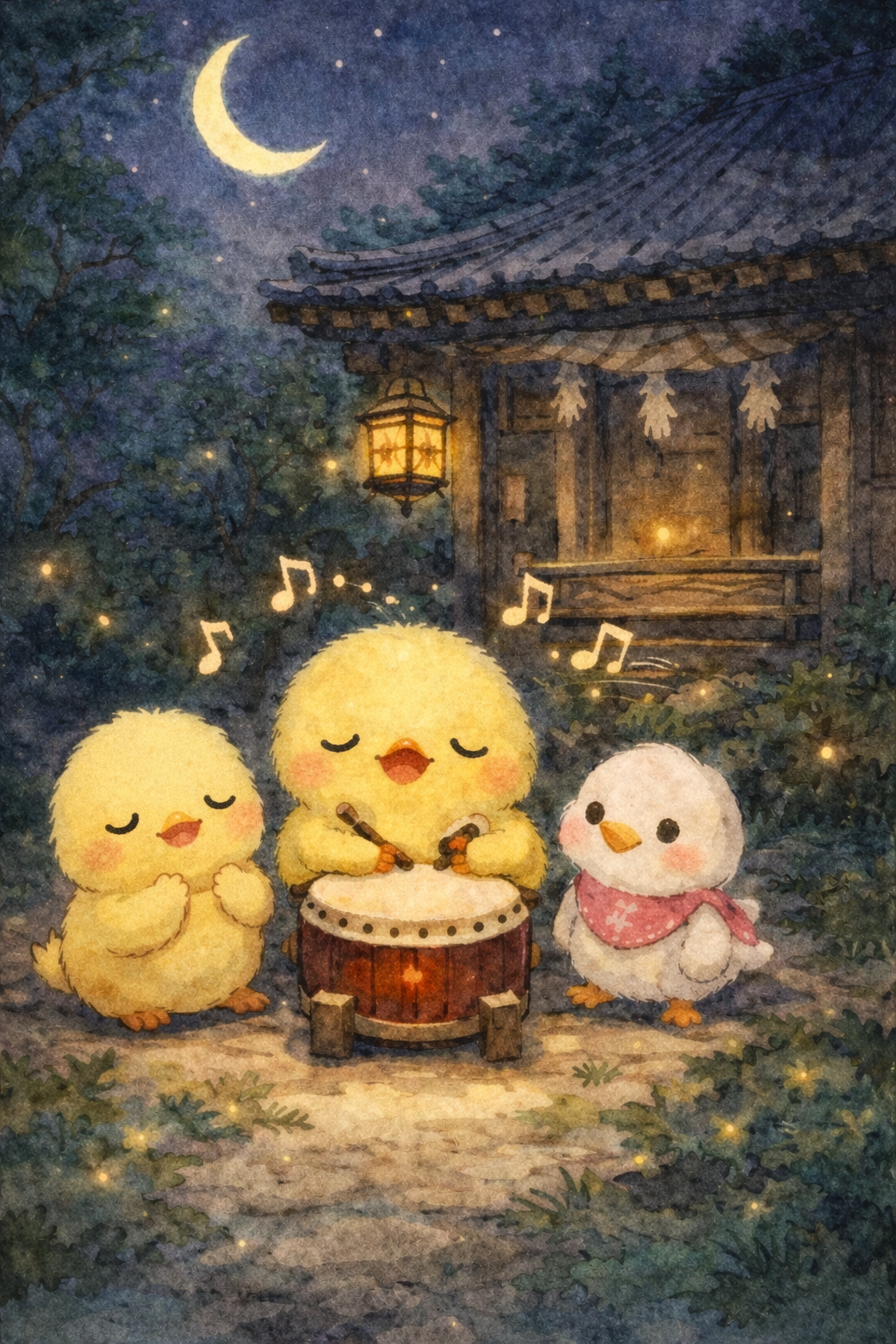 イラスト説明ピヨ!お寺の前で、 ヒヨコくんが目をとじて、ぽんぽん太鼓をたたいているピヨ🥁 となりには、ぴもんくんがいて、 フィッシュアーモンドをうれしそうに持っているピヨ🐣 ひよたくんも、 そっとやさしく見守っているピヨ💗 お月さまと音符が夜の森に広がる、 しずかであたたかいイラストだピヨ🌙🎶