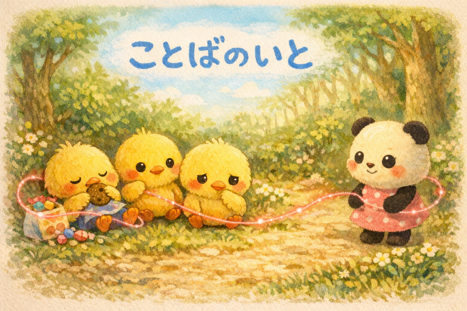 イラストの説明。森の広場で、ヒヨコ三兄弟とリンちゃんが「ことばのいと」でつながっているピヨ。 ぴもんくんはおやつをもぐもぐ、ヒヨコくんとひよたくんは糸を見つめているピヨ。 リンちゃんもやさしく糸を持って、みんなの気持ちがふんわりつながった場面だピヨ。 🌳✨