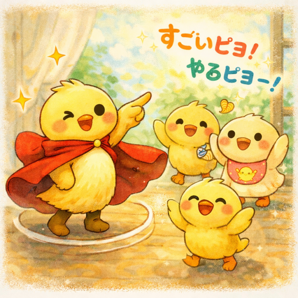 イラストの説明！チュンにいちゃんがくるっとポーズきめて、キラキラしてるピヨ✨ ヒヨコくんたちが「すごいピヨ！」ってよろこんでる、たのしいシーンだピヨ〜🐥💛