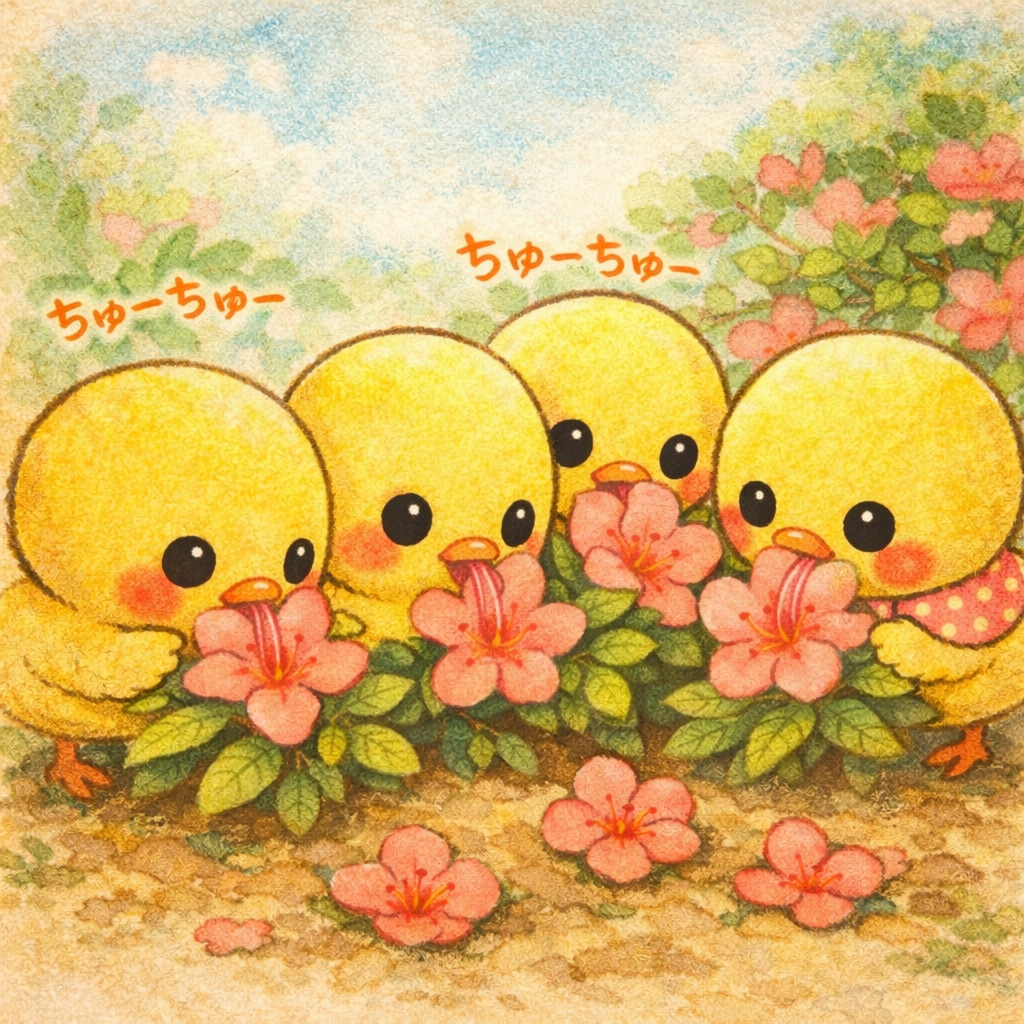 イラストの説明ピヨ。みんなでちゅーちゅーしてるピヨ〜♪ ツツジのミツ、あまくておいしいピヨ！ おはながぽとぽと落ちてるピヨ🌸 ちょっとすいすぎちゃったピヨ〜💦