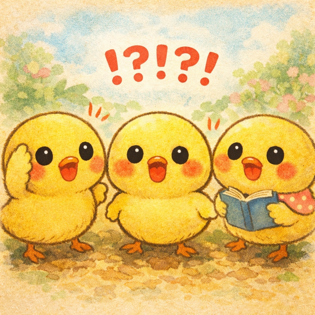 イラストの説明ピヨ！びっくりおめめピヨ！！ 「えええ！？」ってなってるピヨ〜❗❗ ヒヨコくんたち、くちあけておどろいてるピヨ ひよたくんは本もってるピヨ📖 はてなとびっくりマークいっぱいで、ドキドキピヨ〜💦