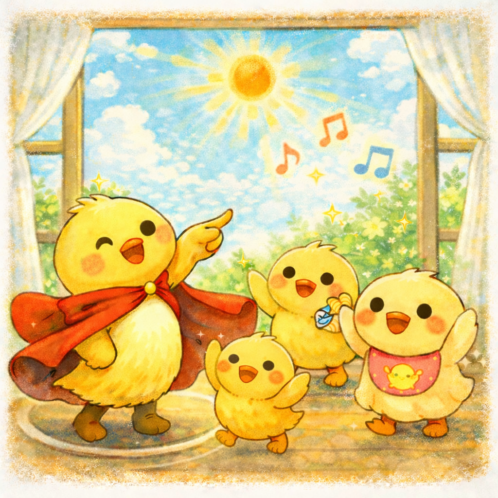 イラスト説明ピヨ！カーテンあけたら、おひさまピカーン！ピヨ〜☀️ チュンにいちゃんがゆびさして、みんなでよろこんでるピヨ🐥✨