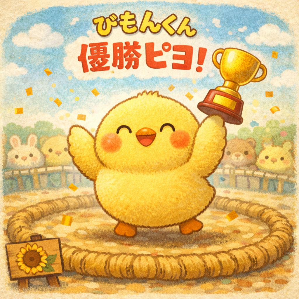 イラストの説明。どひょうのまんなかで、 ぴもんくんがトロフィーをあげて にっこにこでよろこんでるピヨ〜🏆🐣 まわりではおともだちが見守ってて、 キラキラおいわいムードの優勝シーンピヨ✨