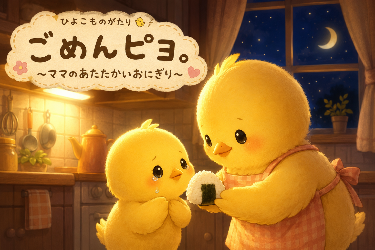 イラストの説明ピヨ!ママから おにぎりを わたしてもらって、ヒヨコくんが うれしくて ないちゃってるピヨ。 キッチンの あったかい あかりと、おつきさまが、やさしく みまもっているピヨ〜🍙🌙