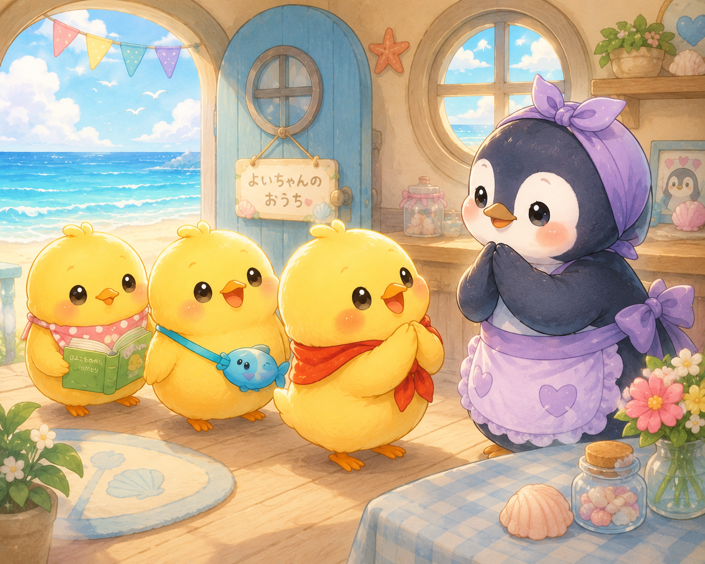 イラストの説明。ヒヨコくんが、海辺のおうちで「お願いがあるピヨ！」って、よいちゃんにおててを合わせてお願いしているピヨ！ 後ろでは、ぴもんくんとひよたくんがドキドキしながら見守っているピヨ〜！