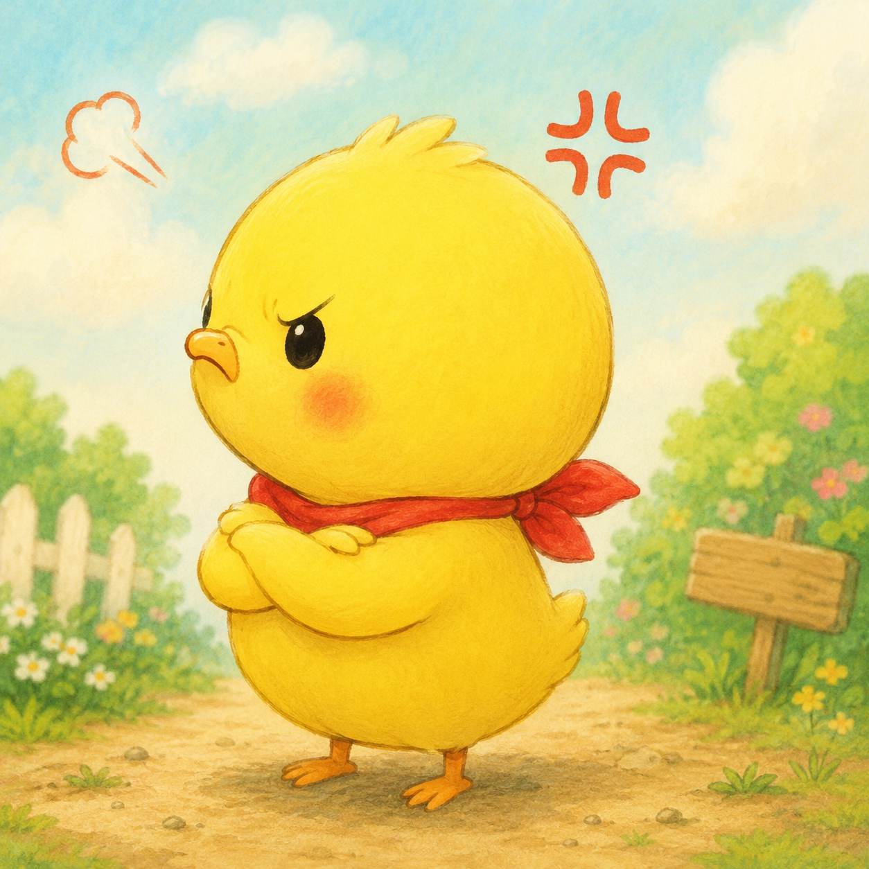 イラストの説明ピヨ!「むぅ〜っ!もうしらないピヨ!」って、ヒヨコくんがプイッと横を向いてるピヨ〜! おててを組んで、赤いスカーフをゆらしながら、ほっぺをぷく〜っとふくらませて怒ってる姿がかわいいピヨ!