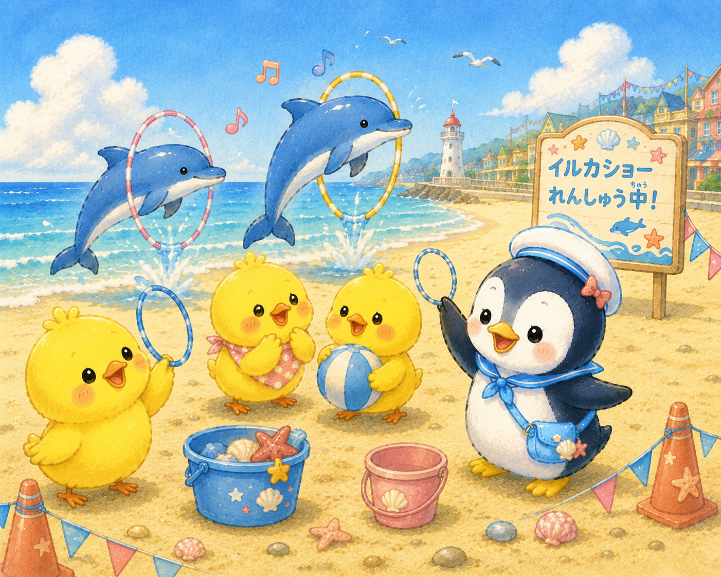 イラストの説明ピヨ!みんなで浜辺のイルカショーごっこをしてるピヨ〜! よいちゃんはトレーナーさんになりきって、にこにこ大はりきりピヨ! ヒヨコ三兄弟もジャンプしたり、おうえんしたりして、とってもたのしそうピヨ〜♪