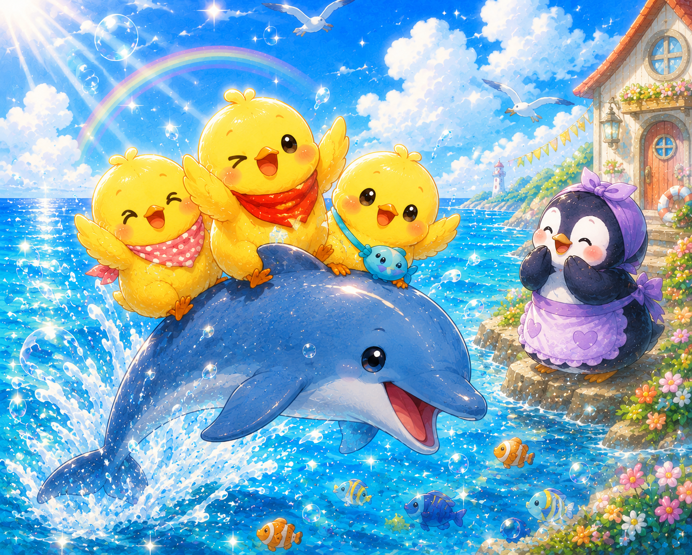 イラストの説明。青い海の上を、イルカのカイルくんがぴょーん！って元気にジャンプしているピヨ〜！ その背中で、ヒヨコ三兄弟が「たのしいピヨー！」って大はしゃぎしているピヨ！よいちゃんもニコニコピヨ✨