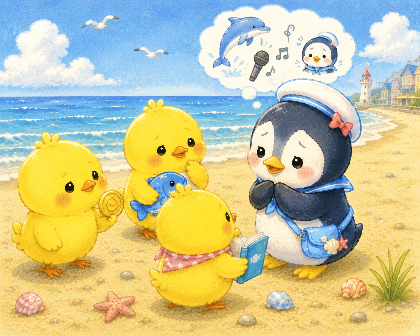 イラストの説明ピヨ!よいちゃんが「ちゃんとできるかなぁ…」って、ちょっぴりしんぱいしてるピヨ。 でも、ヒヨコ三兄弟がやさしくお話を聞いてくれてるから、あったかい気もちになるピヨ〜♪