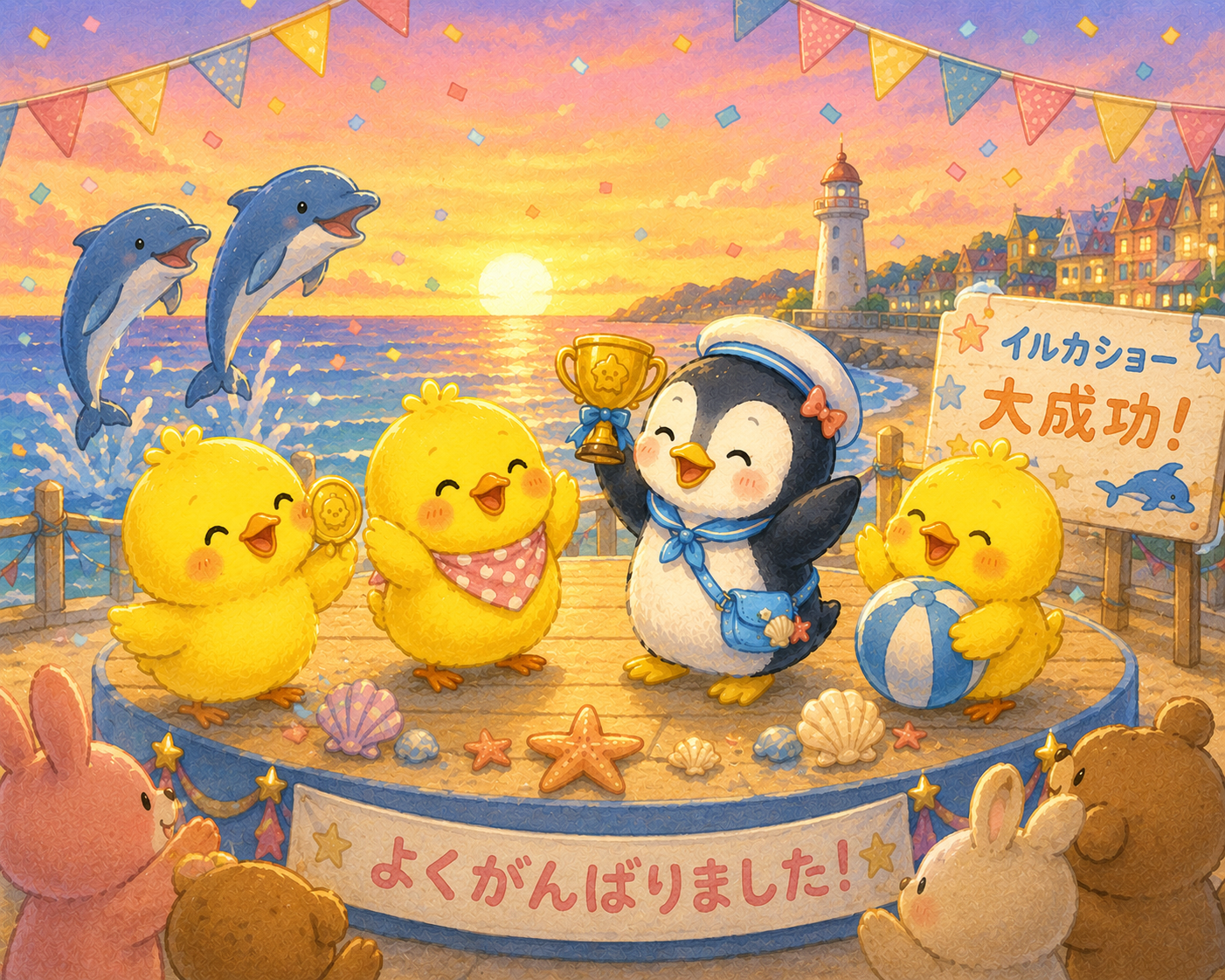 イラストの説明ピヨ!ゆうやけの海で、みんなが「だいせいこうピヨ〜!」って大よろこびしてるピヨ♪ よいちゃんのえがおがキラキラしてて、夢にむかって一歩すすんだしゅんかんピヨ〜!