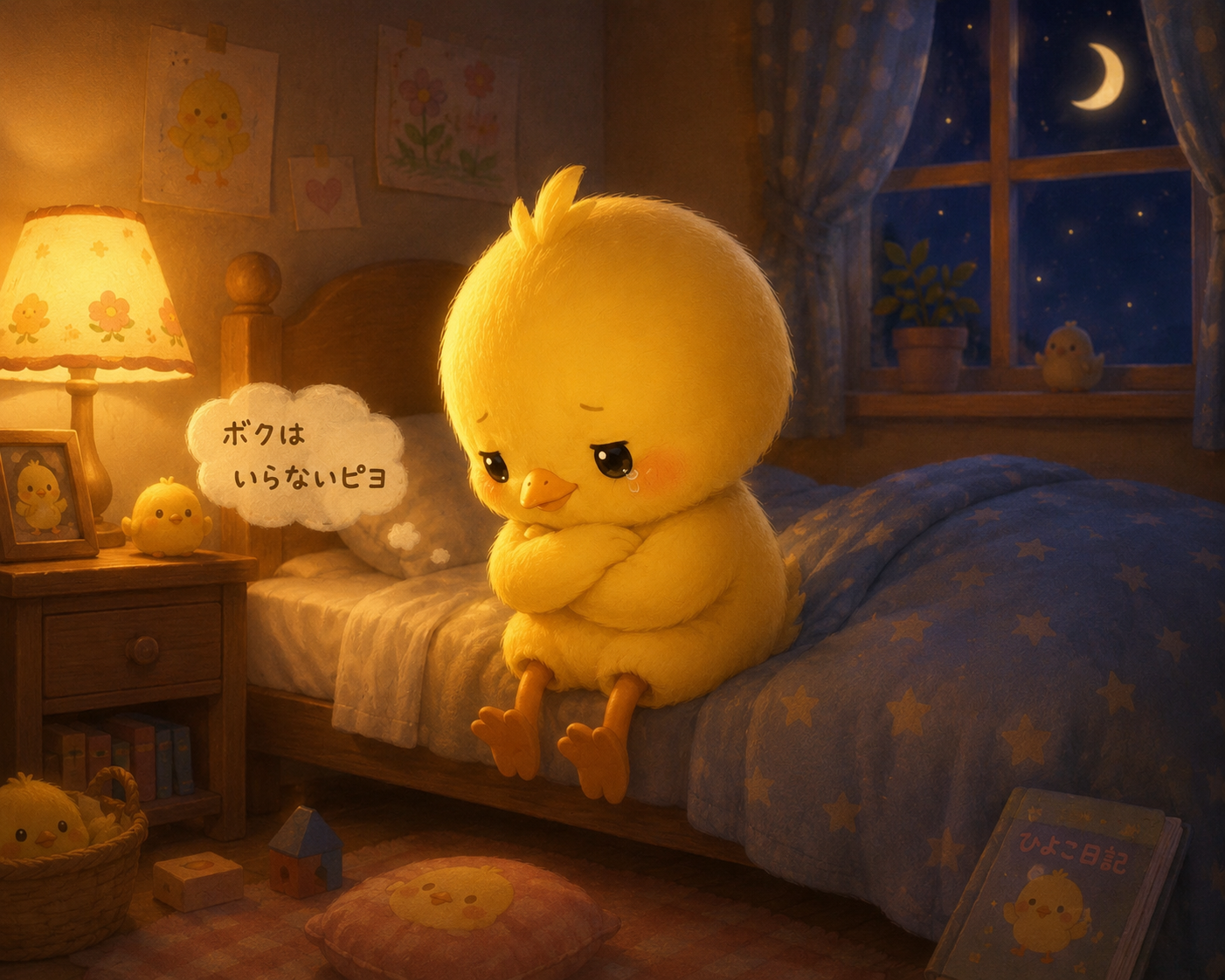 イラストの説明ピヨ!ベッドの はしっこで、ヒヨコくんが 「ボクはいらないピヨ…」って つよがっているピヨ。 でも、ほんとは さみしくて、なみだが ぽろりしているピヨ。 おつきさまが、しずかに ヒヨコくんを てらしているピヨ〜🌙💧