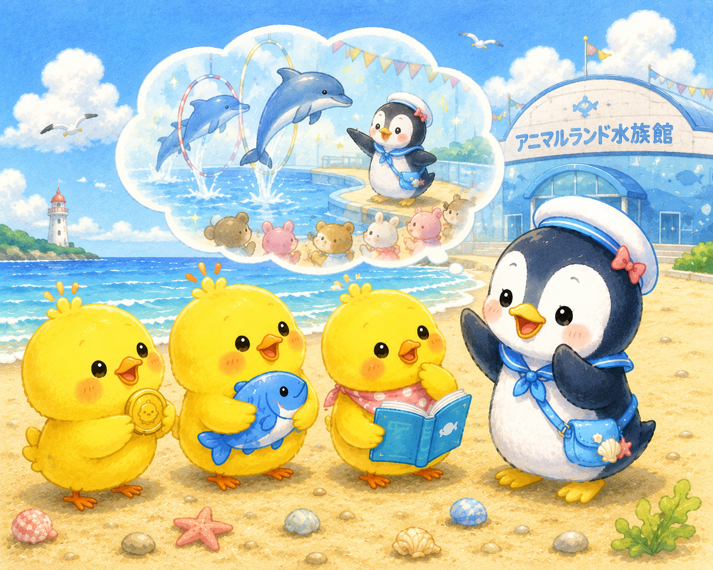 イラストの説明ピヨ!よいちゃんが「イルカショーのトレーナーさんになりたいピヨ〜!」って、目をきらきらさせながらお話してるピヨ! 頭の中には、イルカさんたちがジャンプするゆめのステージが広がってるピヨ〜♪