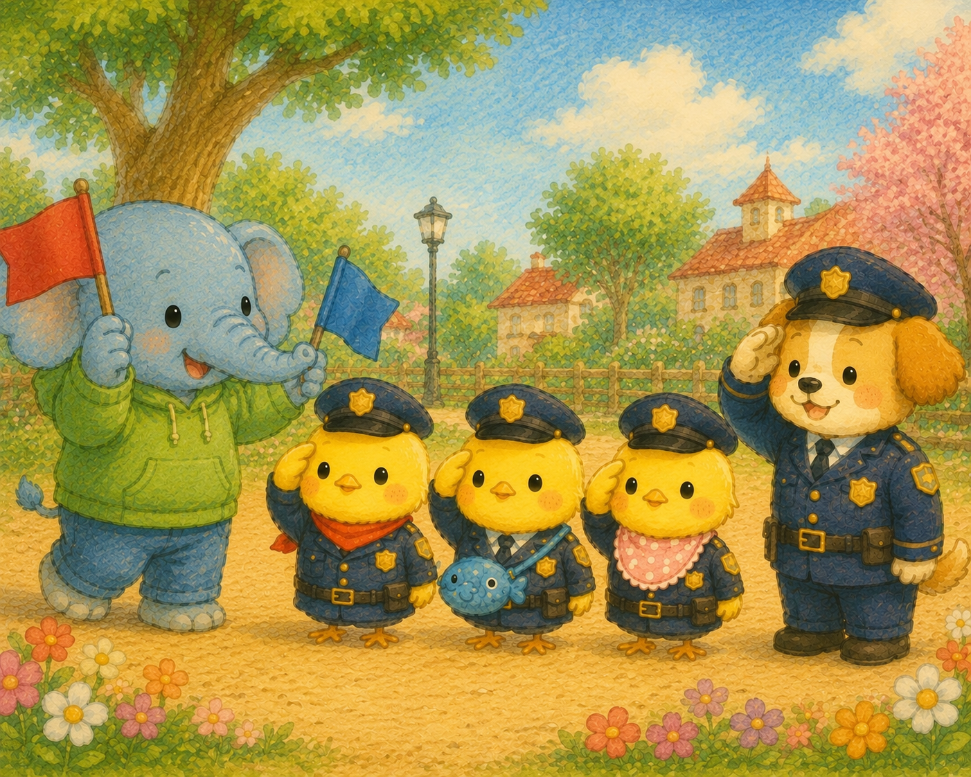 🐥🚓✨ すーさんが赤い旗と青い旗をもって、みんなの前にあらわれたピヨ〜🚩🚩 おまわりさんになったヒヨコくん、ぴもんくん、ひよたくんと犬のおまわりさんが、ピシッとかっこよく敬礼してるピヨ〜🫡✨ みんなで交通安全のおべんきょう中ピヨ〜🐥💛ぞう🐘🚓