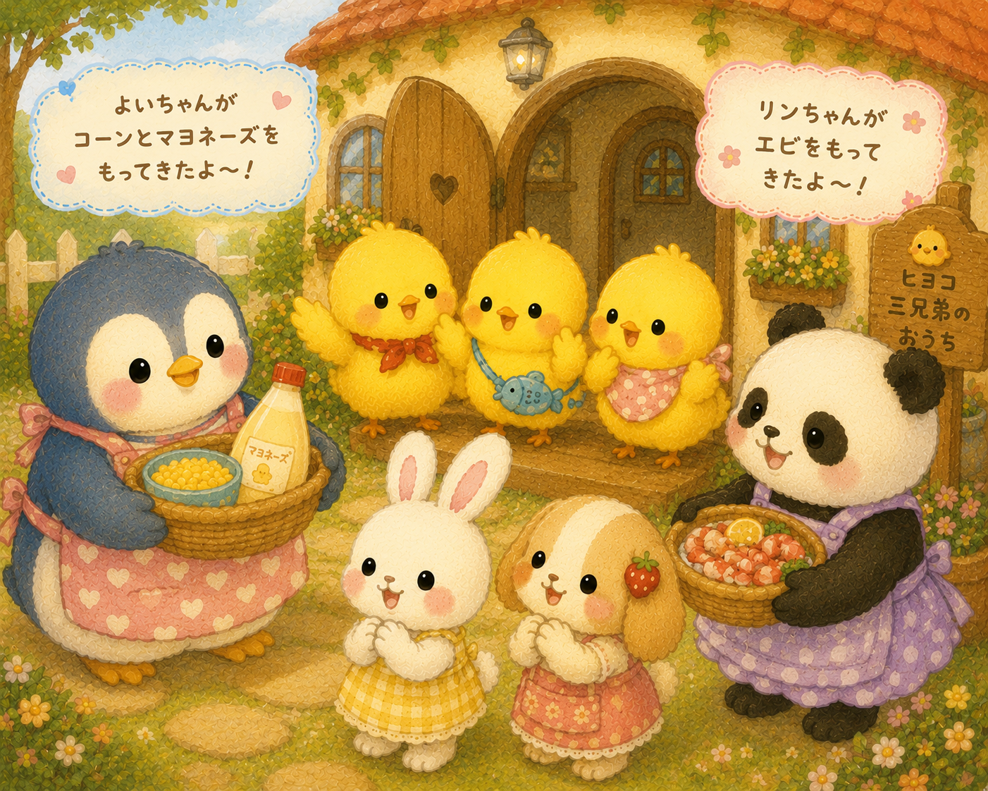 イラストの説明。次に、コーンとマヨネーズを持ってきてくれたよいちゃん。エビを持ってきてくれたリンちゃん。そろそろお部屋が手狭になってきたピヨ!