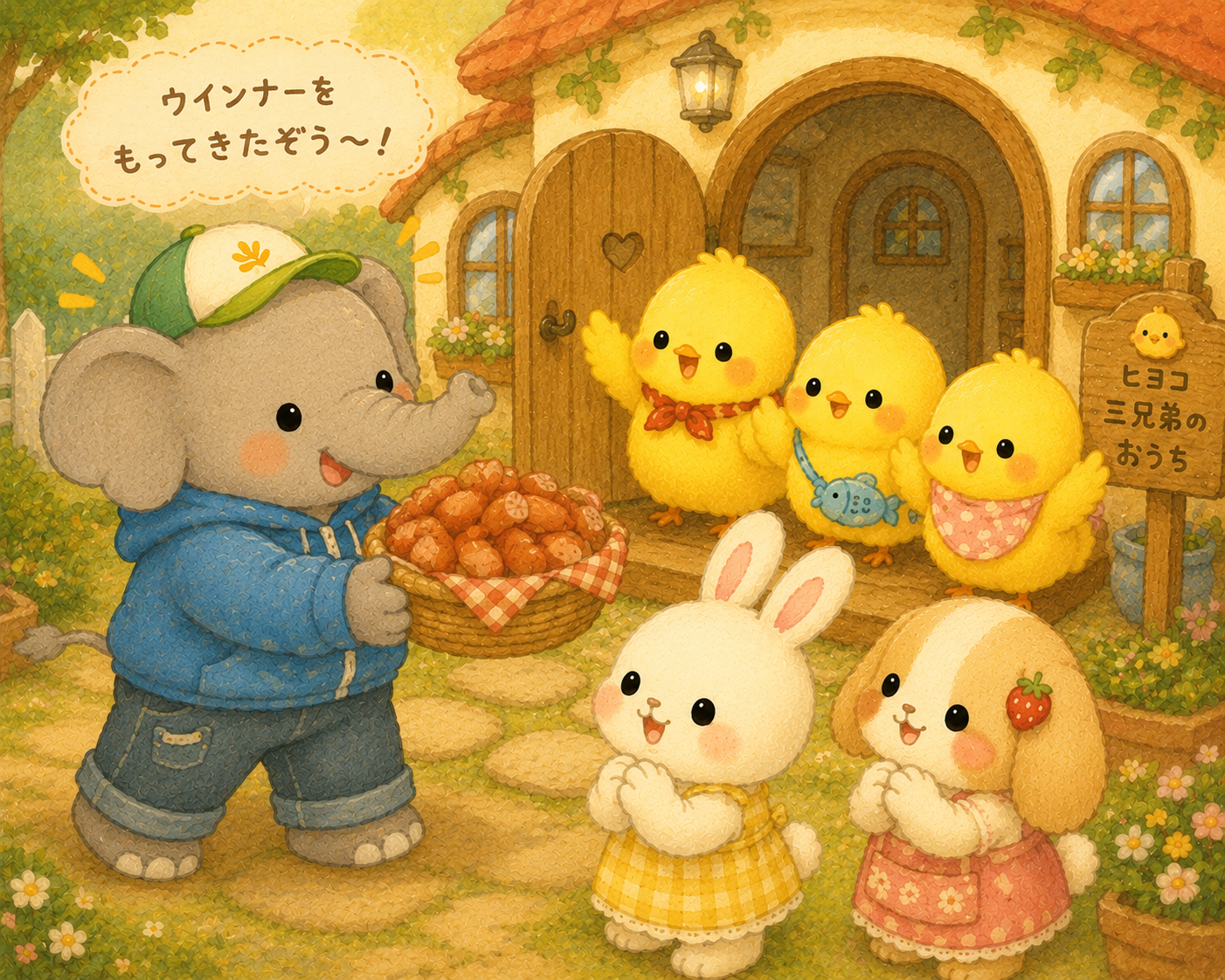 イラストの説明。次に具材を持ってきたのはすーさん!ウインナーだぞう!って、麦ジュースに合いそうだピヨね!