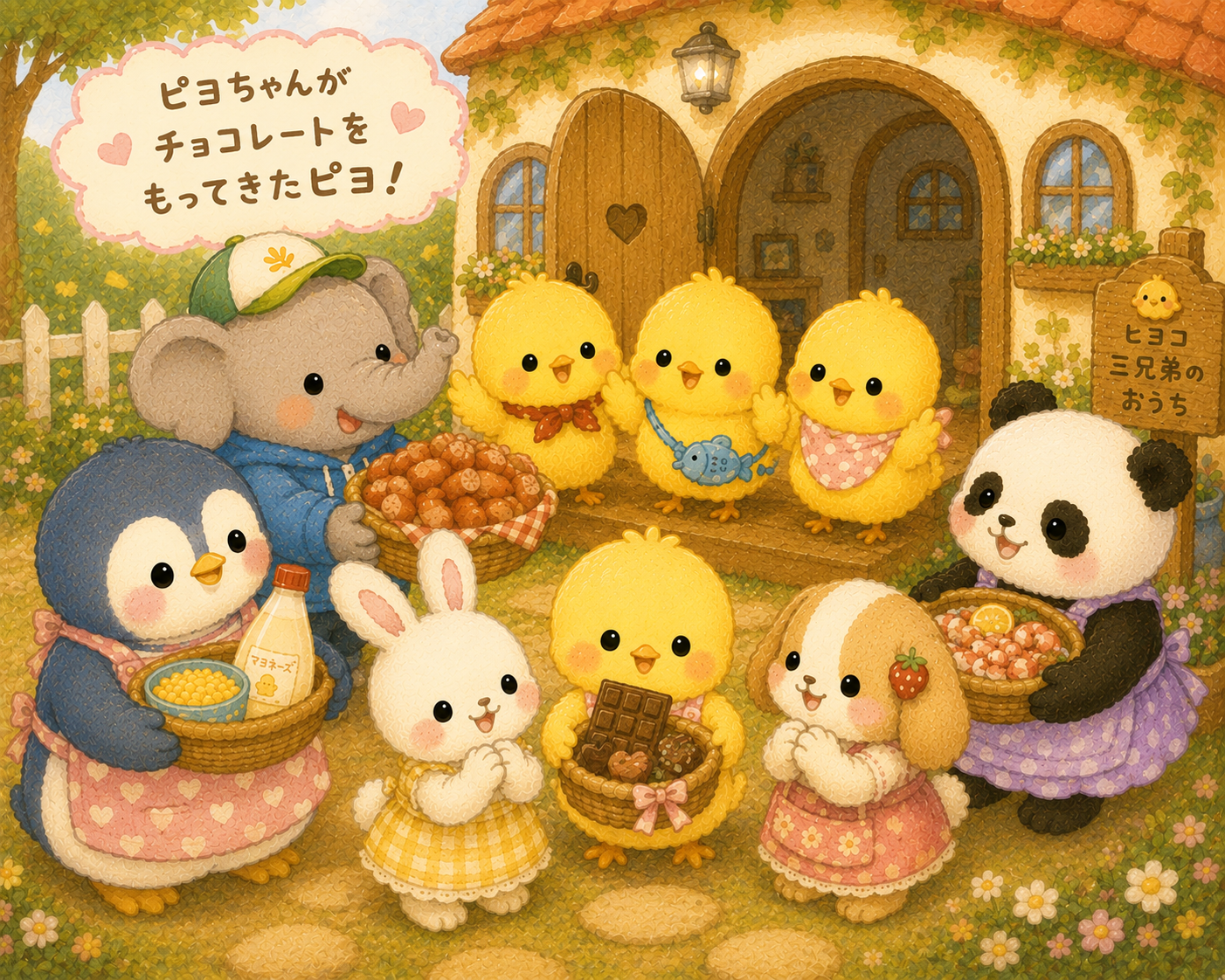 イラストの説明。最後にちっちゃいピヨちゃんが両手いっぱいのチョコを持ってきてくれたピヨ!どんな味するのかな?