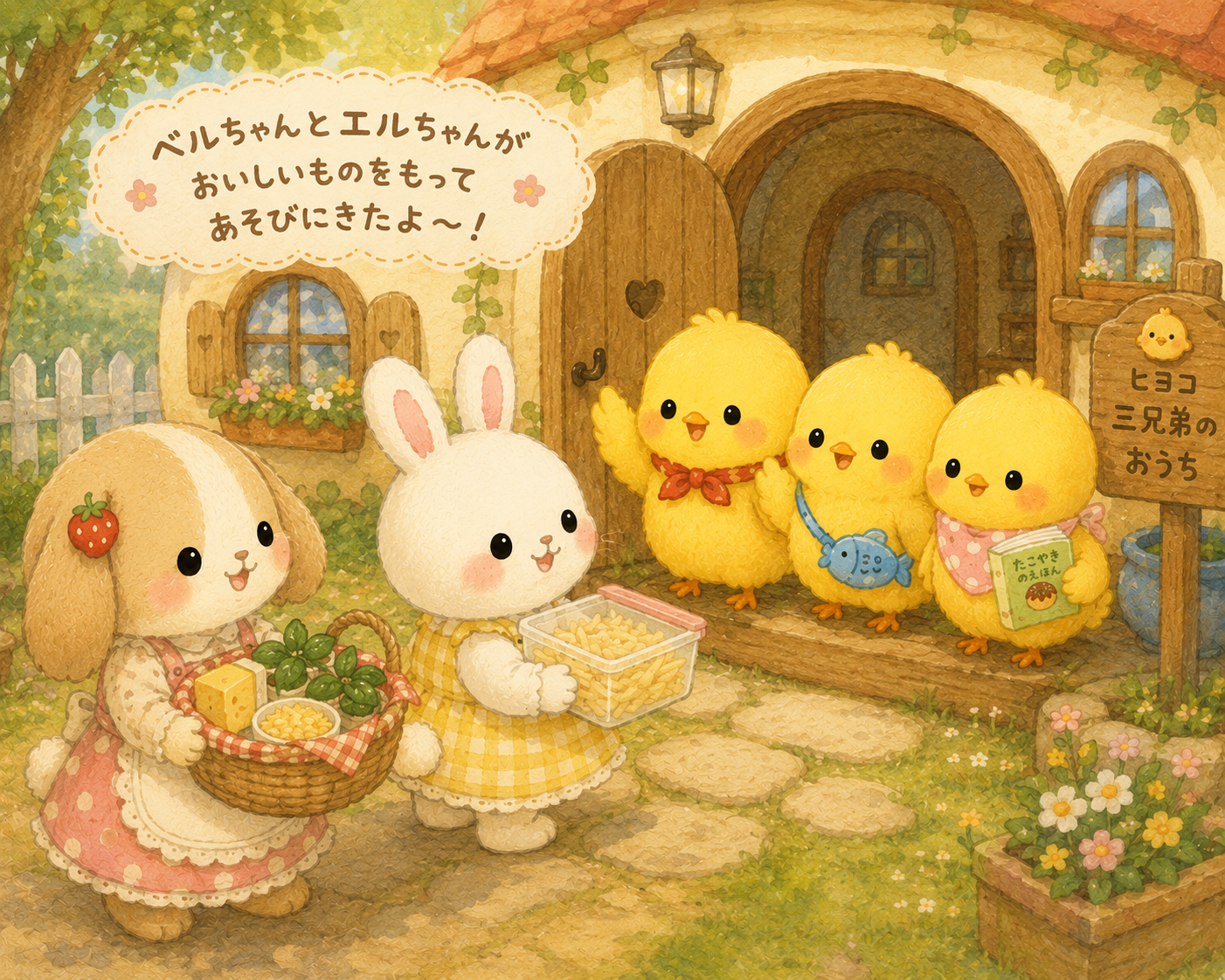 イラストの説明。ヒヨコ三兄弟のおうちに具材を持ってきてくれたピヨ!ベルちゃんはチーズとバジル、エルちゃんはポテトピヨ!ベルちゃんおしゃれピヨれエルちゃんはいつも通り安定のポテトピヨ!