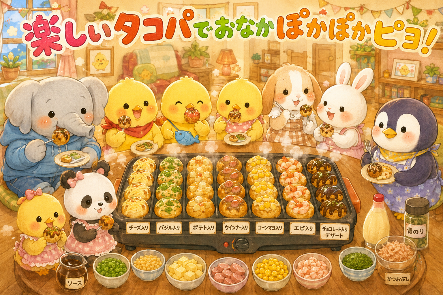 イラストの説明。中央に置かれたホットプレートにはいろんな味のたこ焼きがあるピヨ!それを囲んでみんな重い思いのたこやきを「はふはく」頬張ってるピヨ!美味しそうだし楽しそうだしみんなキラキラしてるピヨ!